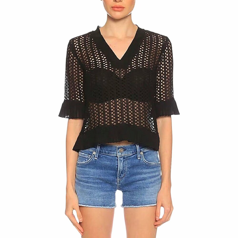 Sandro Paris Open Knit V-Neck Short Sleeve Edgy Top Grunge/Punk/Alternative - M